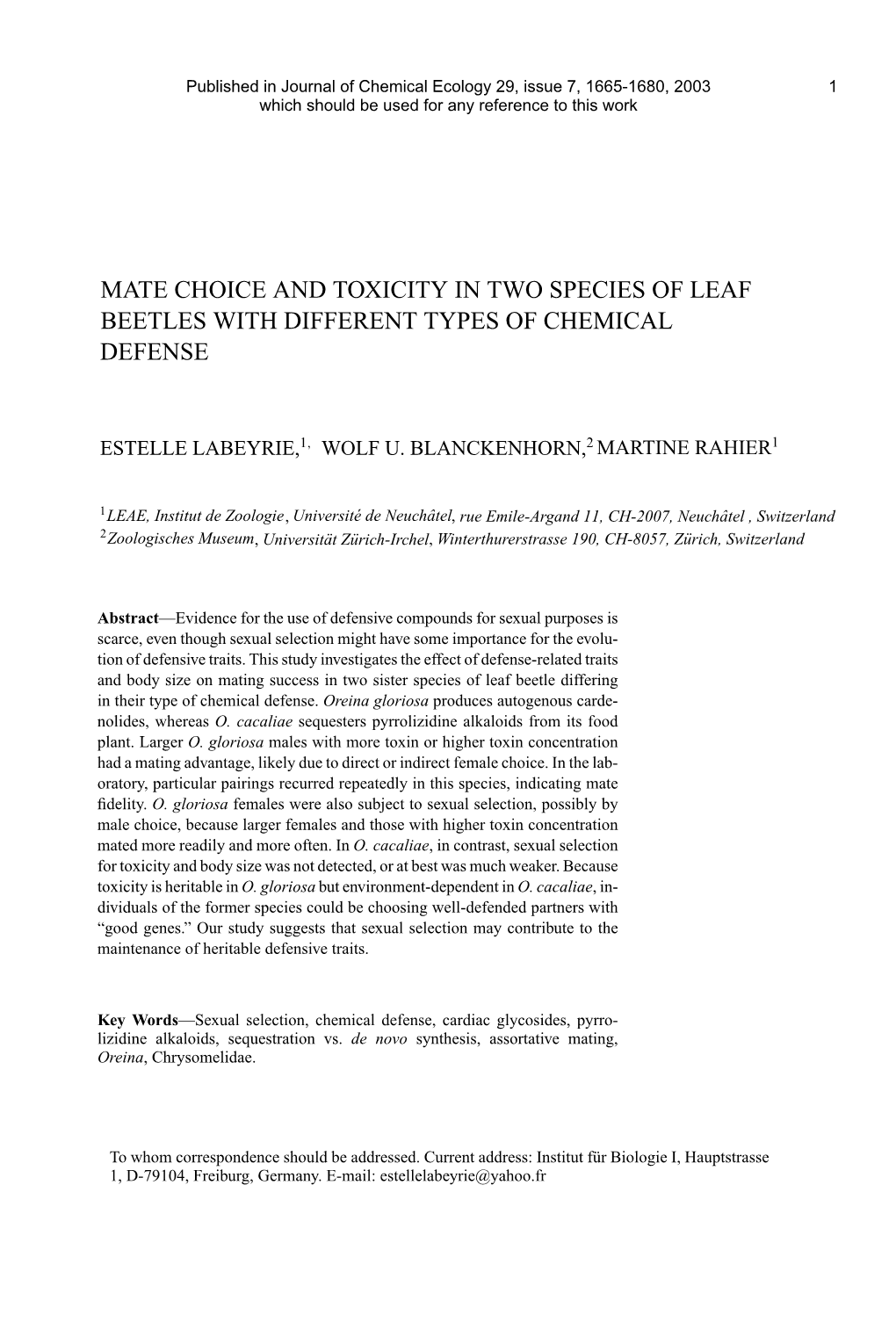 Mate Choice and Toxicity in Two Species of Leaf Beetles with Different Types of Chemical Defense