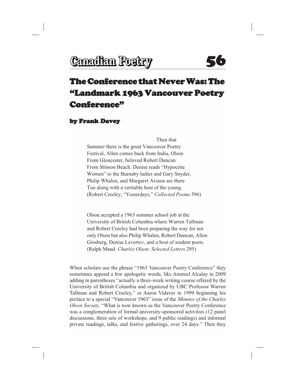 Landmark 1963 Vancouver Poetry Conference” by Frank Davey