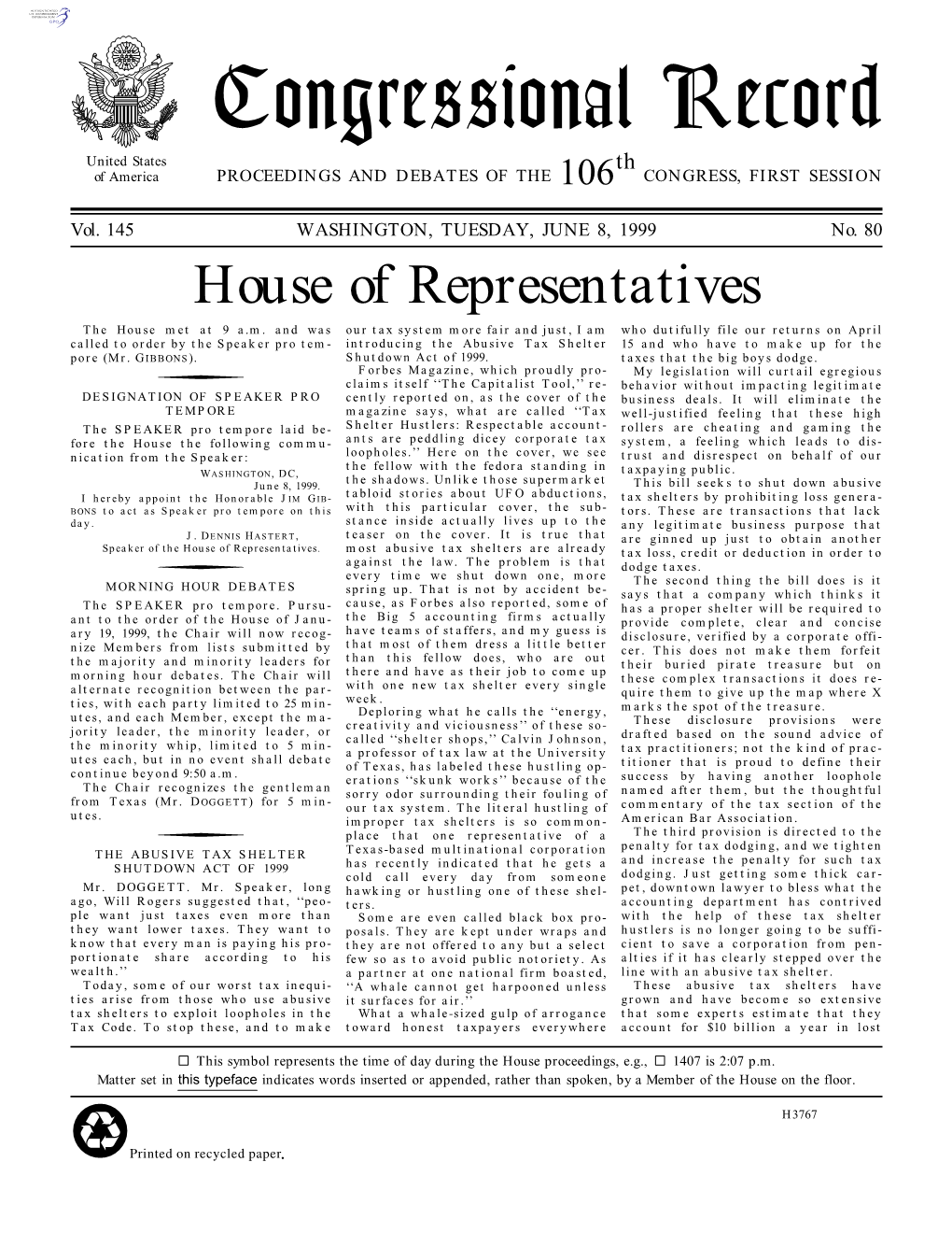 Congressional Record United States Th of America PROCEEDINGS and DEBATES of the 106 CONGRESS, FIRST SESSION