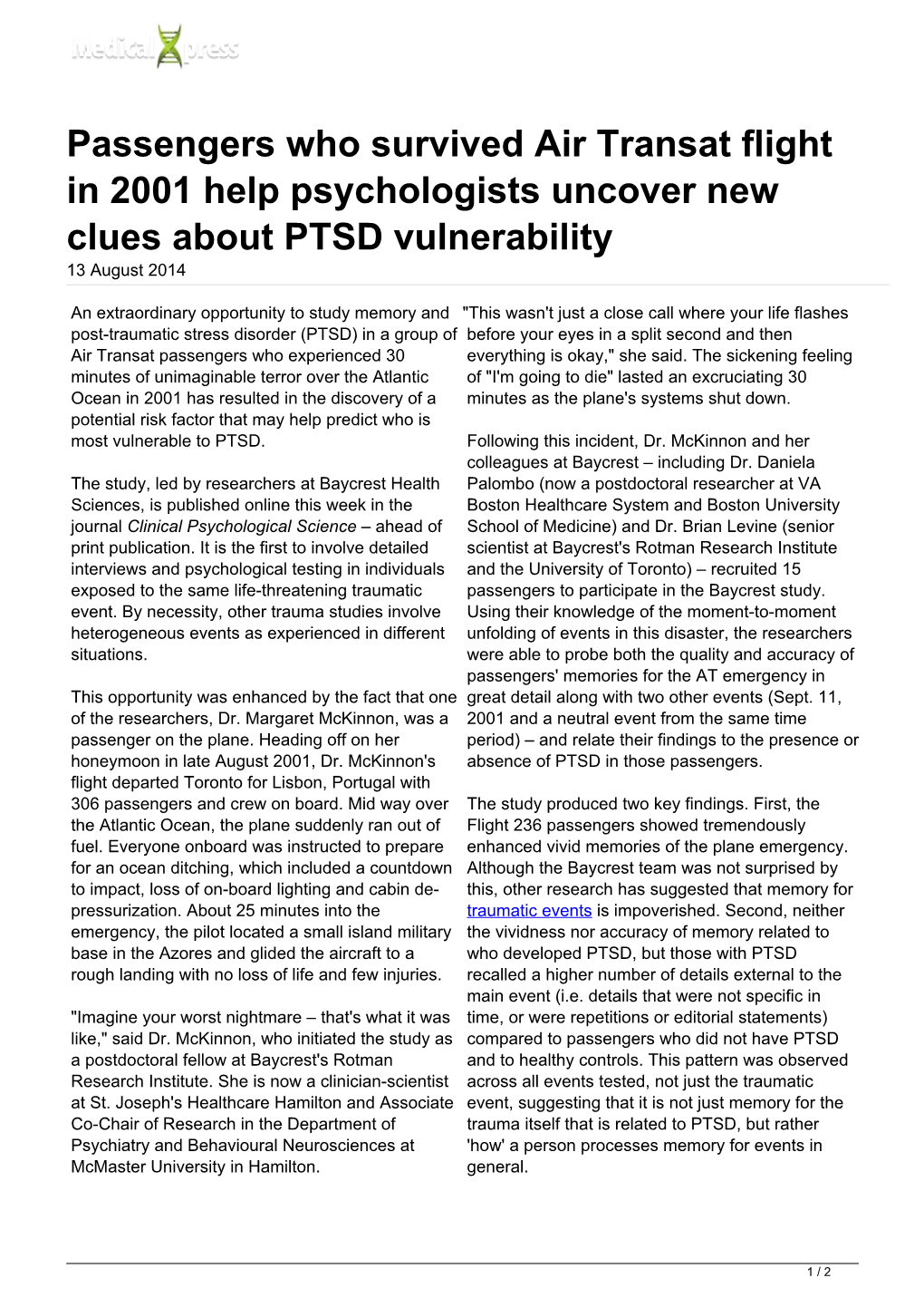 Passengers Who Survived Air Transat Flight in 2001 Help Psychologists Uncover New Clues About PTSD Vulnerability 13 August 2014