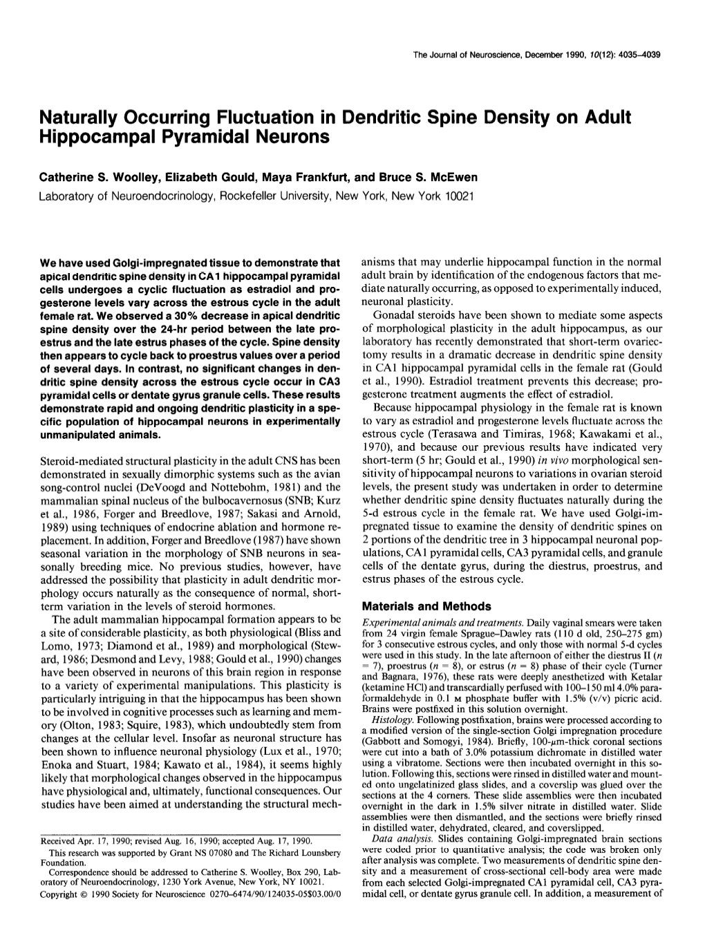 Naturally Occurring Fluctuation in Dendritic Spine Density on Adult Hippocampal Pyramidal Neurons