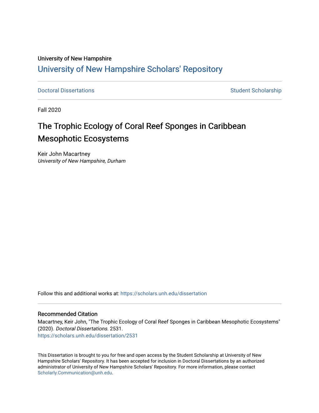 The Trophic Ecology of Coral Reef Sponges in Caribbean Mesophotic Ecosystems