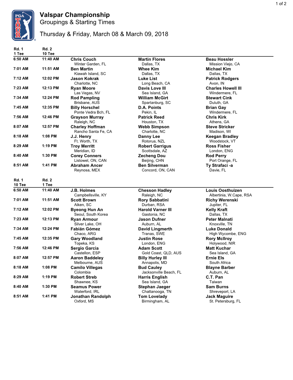 Valspar Championship Groupings & Starting Times Thursday & Friday, March 08 & March 09, 2018