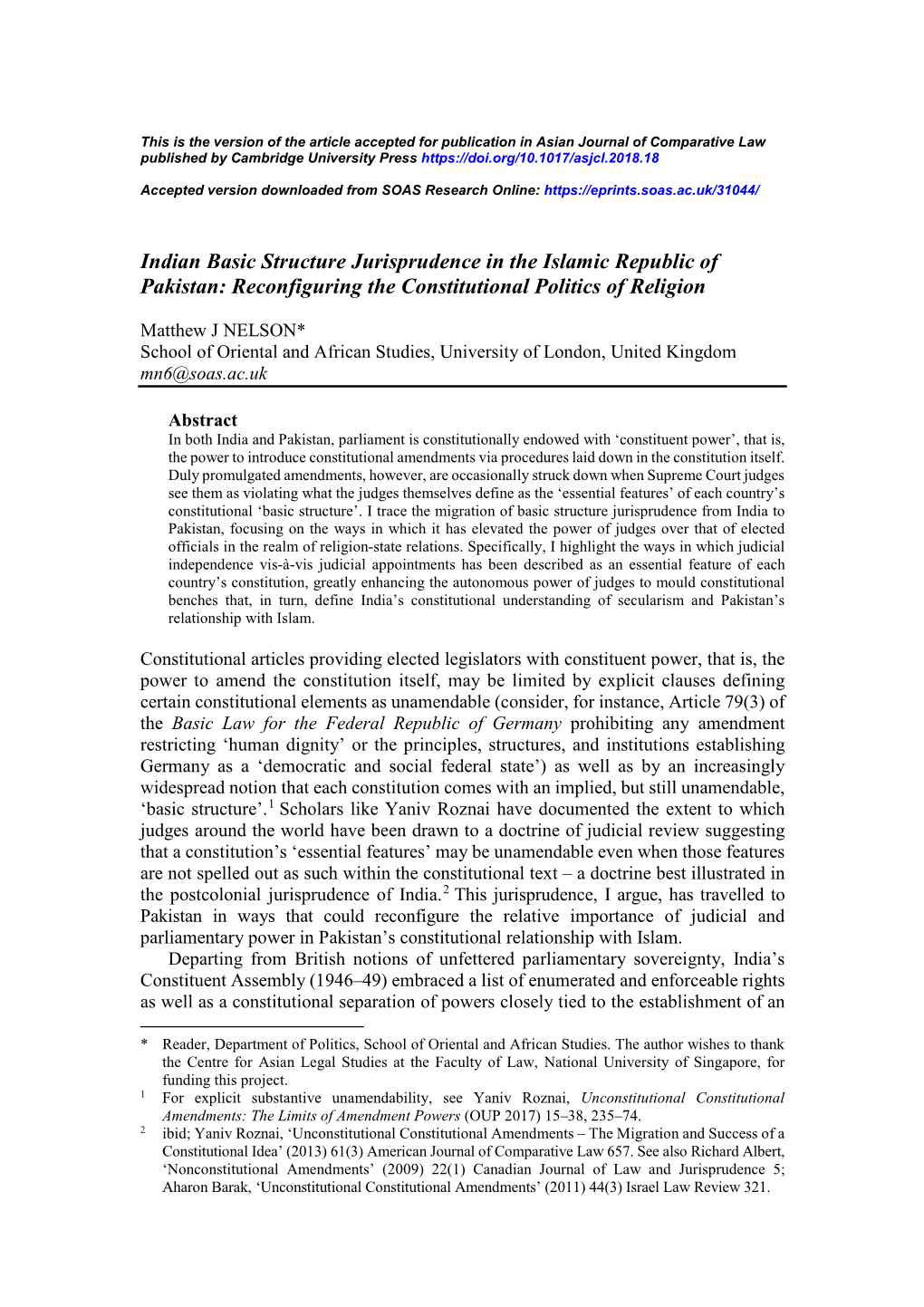 Indian Basic Structure Jurisprudence in the Islamic Republic of Pakistan: Reconfiguring the Constitutional Politics of Religion