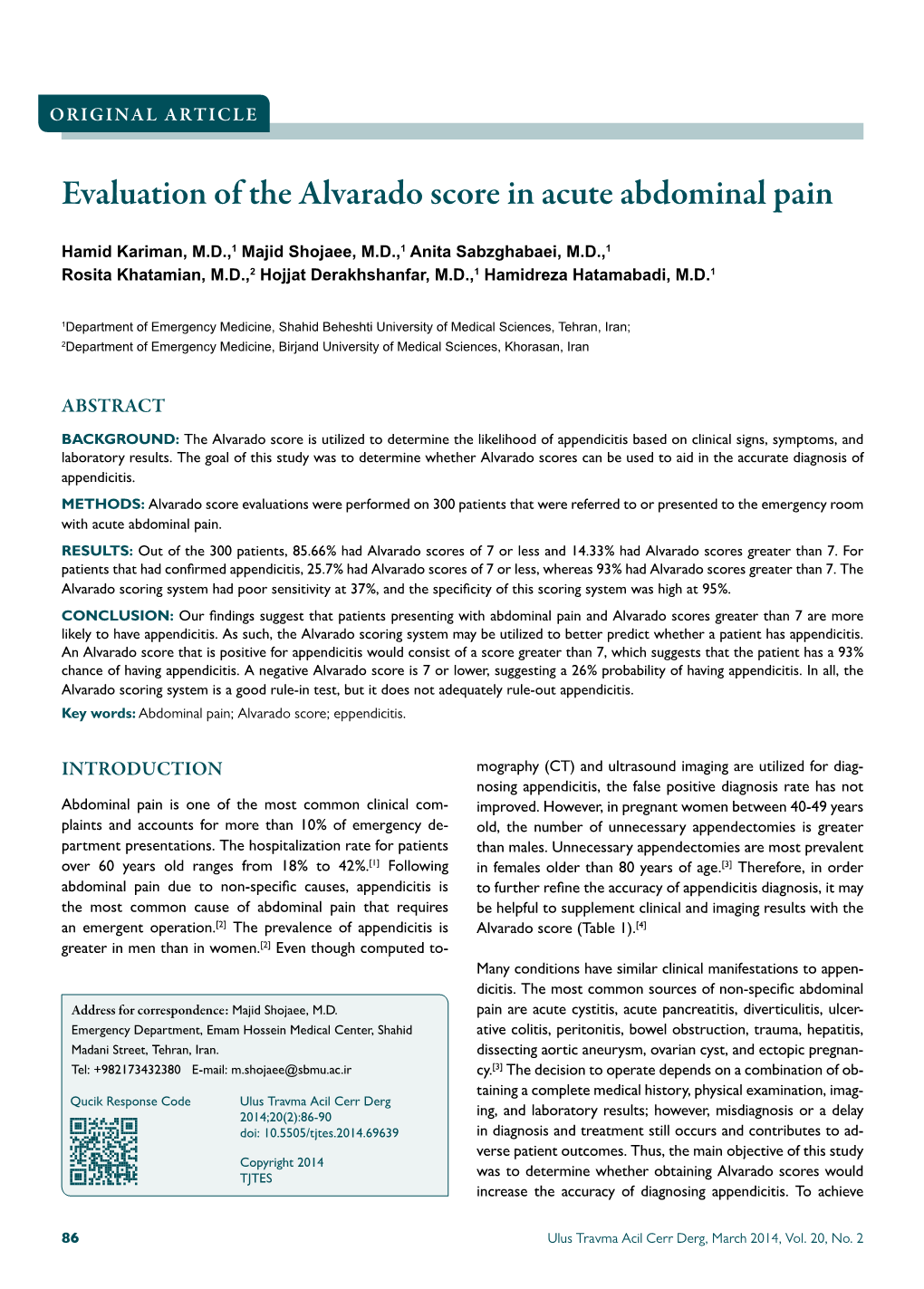 Evaluation of the Alvarado Score in Acute Abdominal Pain