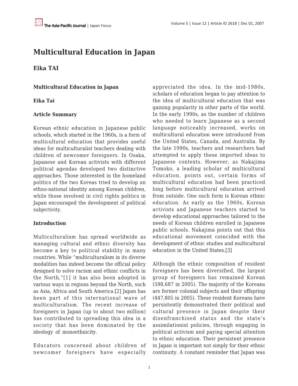 Multicultural Education in Japan