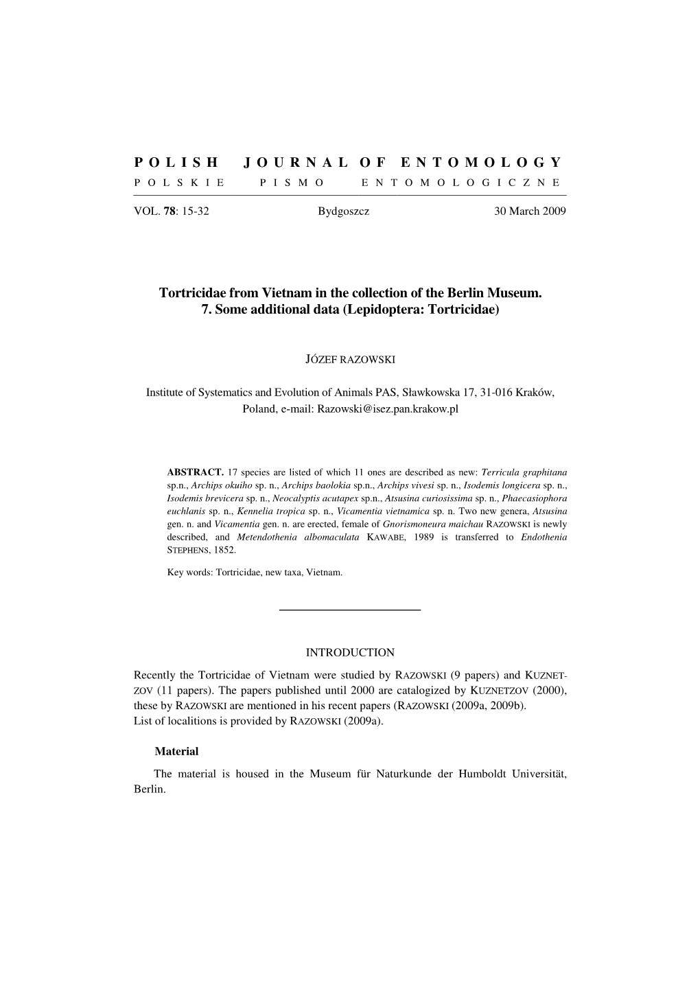 RAZOWSKI J. Tortricidae from Vietnam in the Collection of The