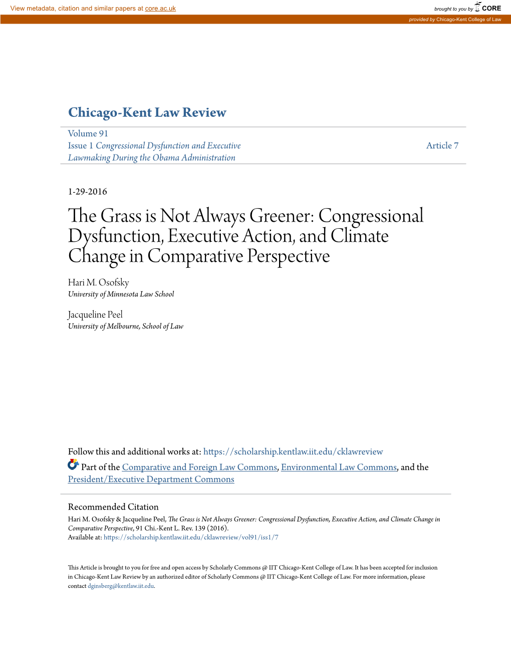 The Grass Is Not Always Greener: Congressional Dysfunction, Executive Action, and Climate Change in Comparative Perspective Hari M