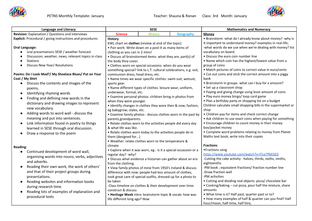 PETNS Monthly Template: January Teacher: Shauna & Ronan Class: 3Rd Month: January