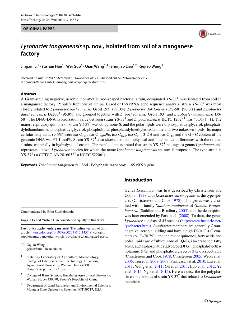 Lysobacter Tongrenensis Sp. Nov., Isolated from Soil of a Manganese Factory