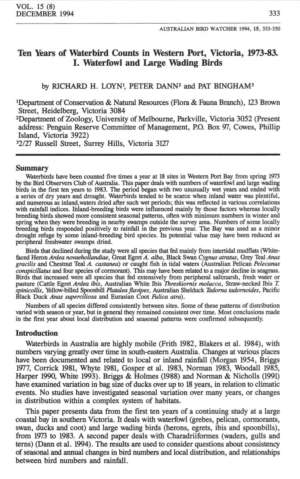 Ten Years of Waterbird Counts in Western Port, Victoria, 1973-83. I