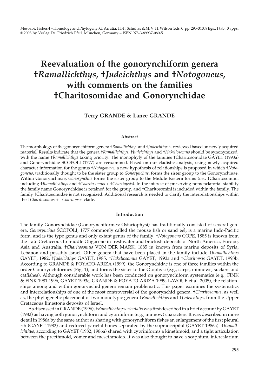 Reevaluation of the Gonorynchiform Genera †Ramallichthys, †Judeichthys and †Notogoneus, with Comments on the Families †Charitosomidae and Gonorynchidae