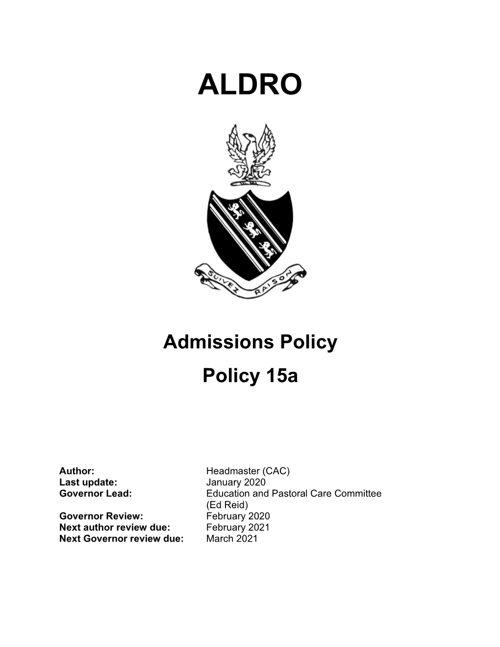 Admissions Policy Policy 15A