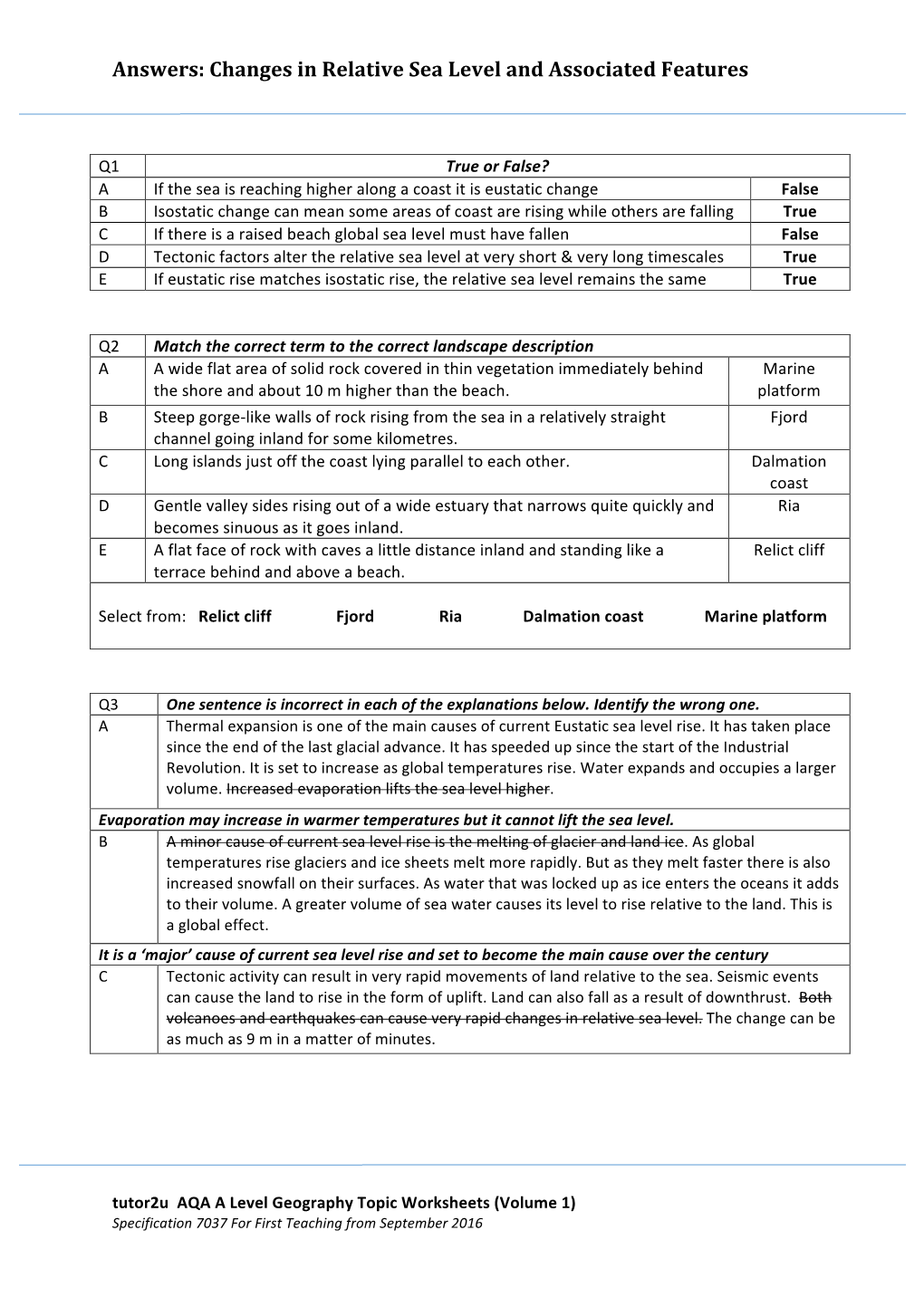 Answers: Changes in Relative Sea Level and Associated Features