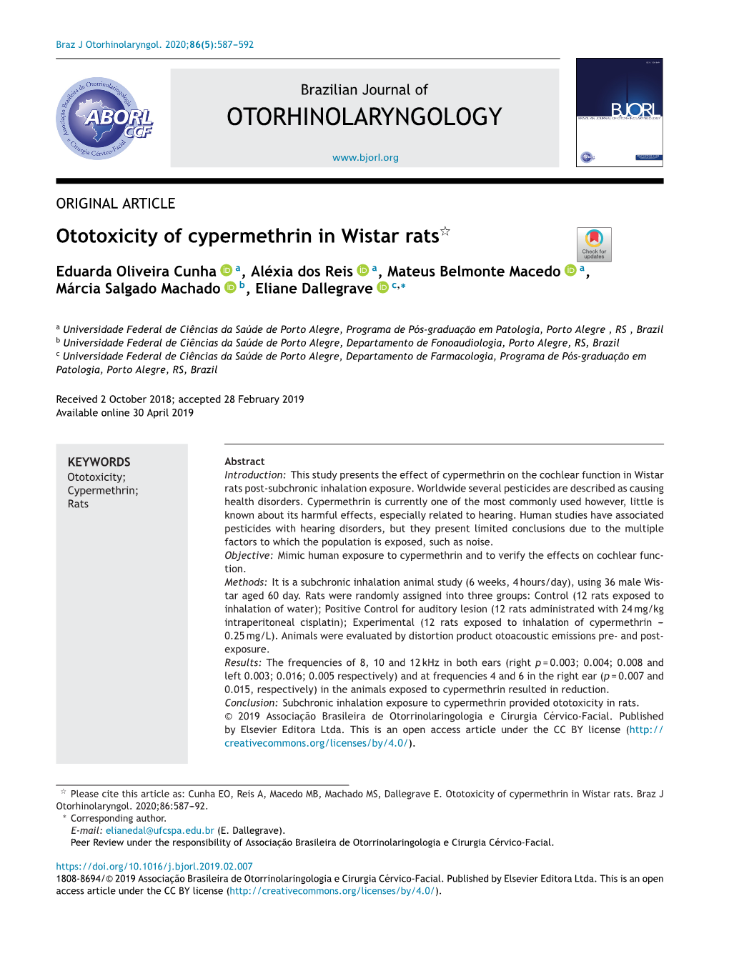 Ototoxicity of Cypermethrin in Wistar Rats