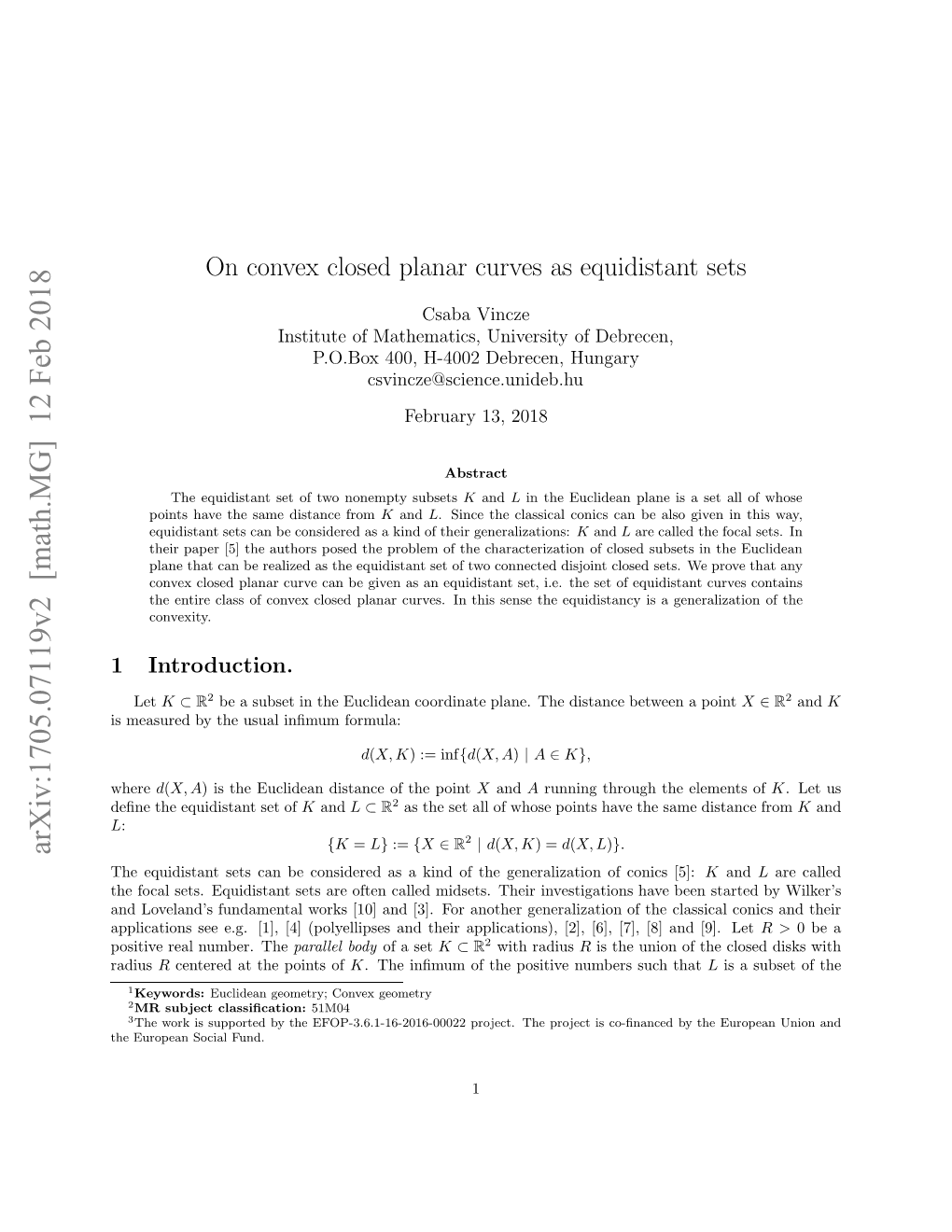 On Convex Closed Planar Curves As Equidistant Sets