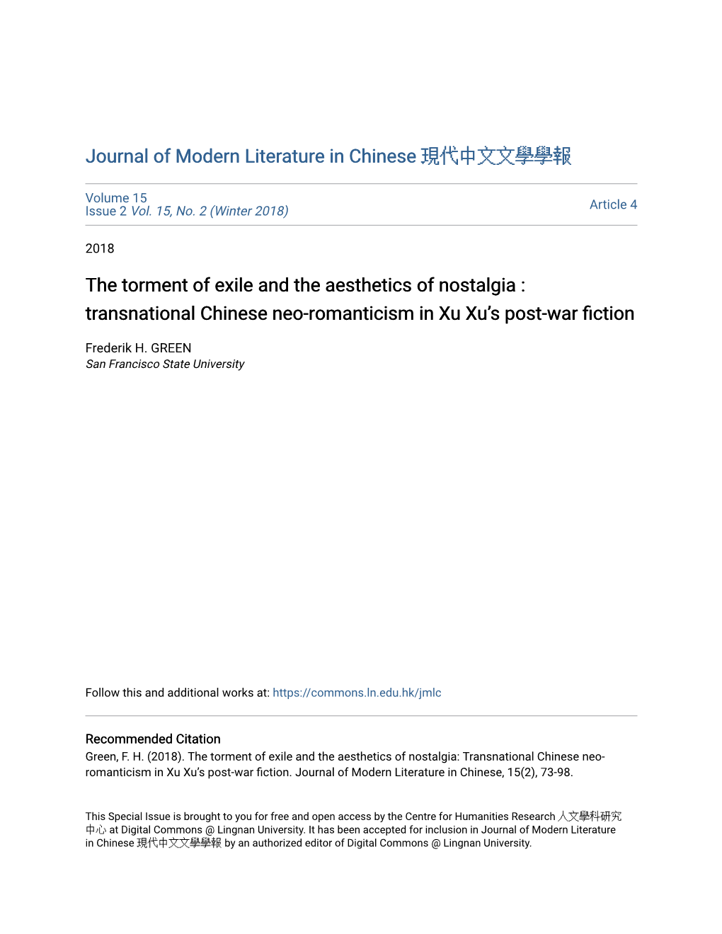 The Torment of Exile and the Aesthetics of Nostalgia : Transnational Chinese Neo-Romanticism in Xu Xuâ•Žs Post-War Fiction