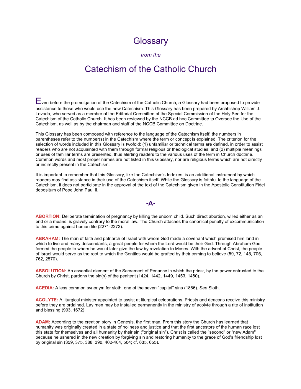 Glossary Catechism of the Catholic Church