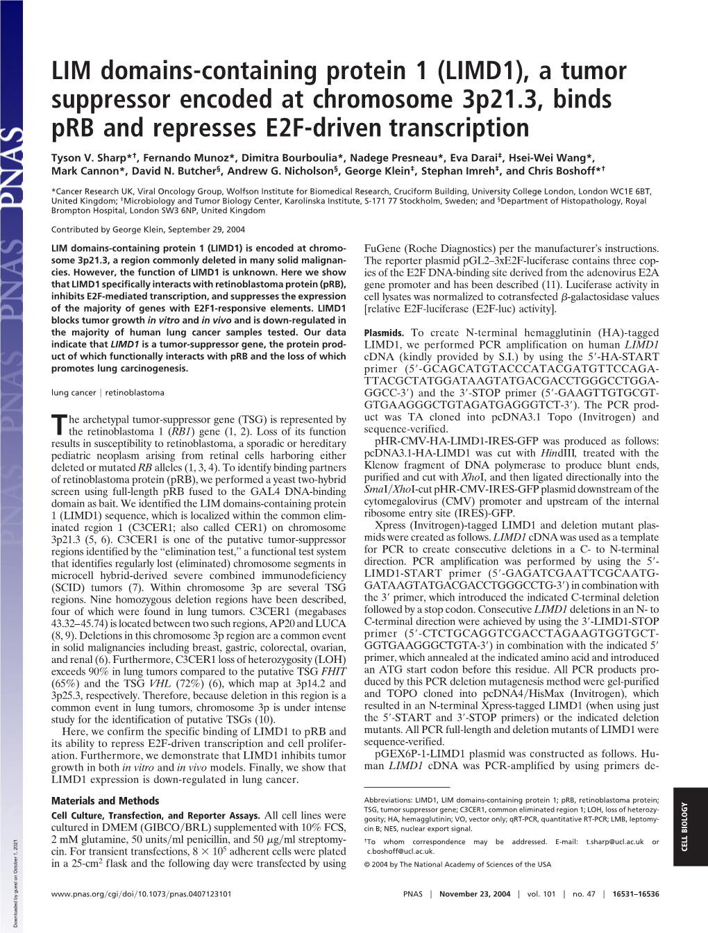 (LIMD1), a Tumor Suppressor Encoded at Chromosome 3P21.3, Binds Prb and Represses E2F-Driven Transcription