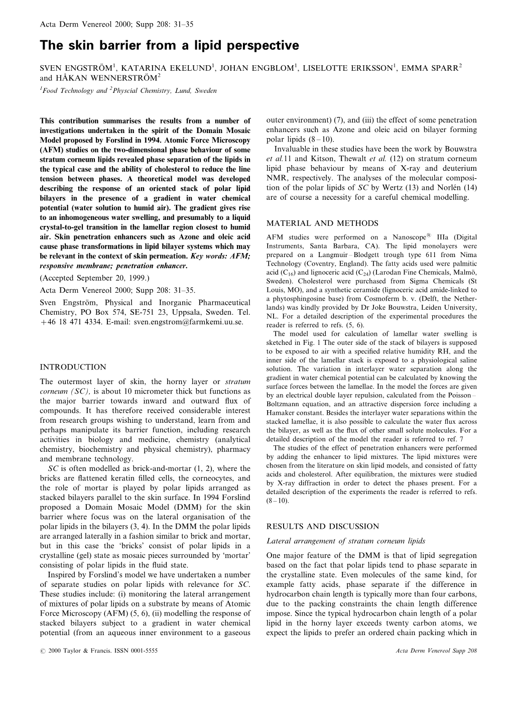 The Skin Barrier from a Lipid Perspective