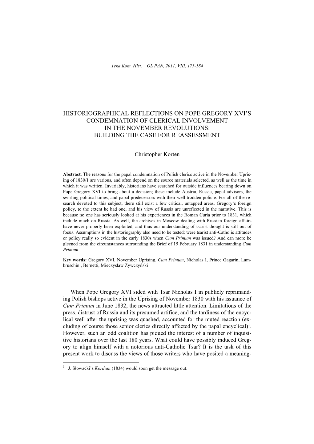 Historiographical Reflections on Pope Gregory Xvi’S Condemnation of Clerical Involvement in the November Revolutions: Building the Case for Reassessment