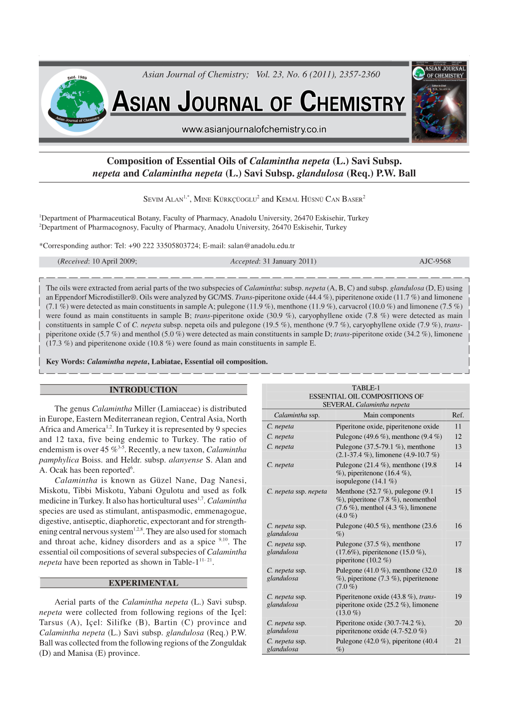 Composition of Essential Oils of Calamintha Nepeta (L.) Savi Subsp