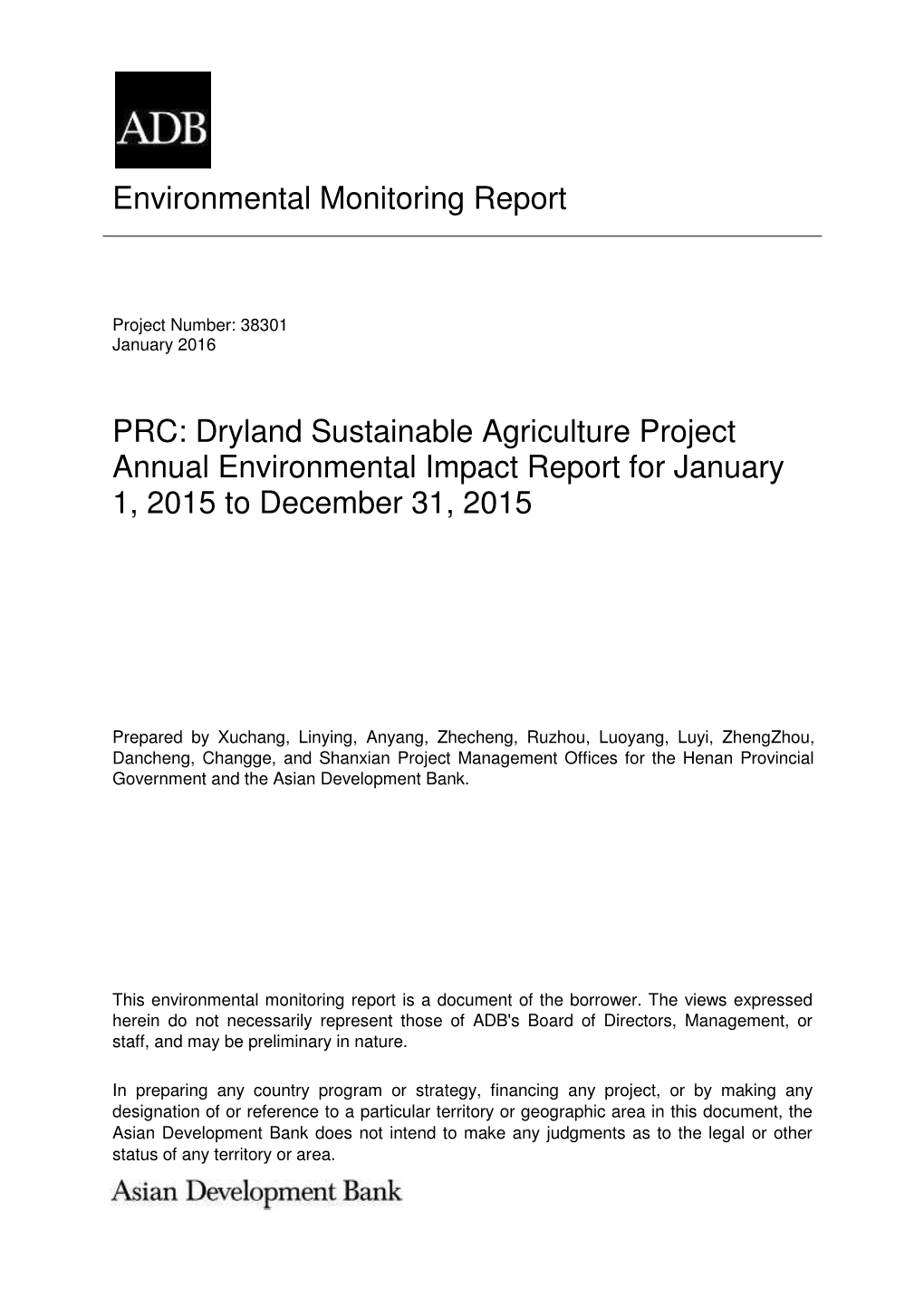 Dryland Sustainable Agriculture Project Annual Environmental Impact Report for January 1, 2015 to December 31, 2015