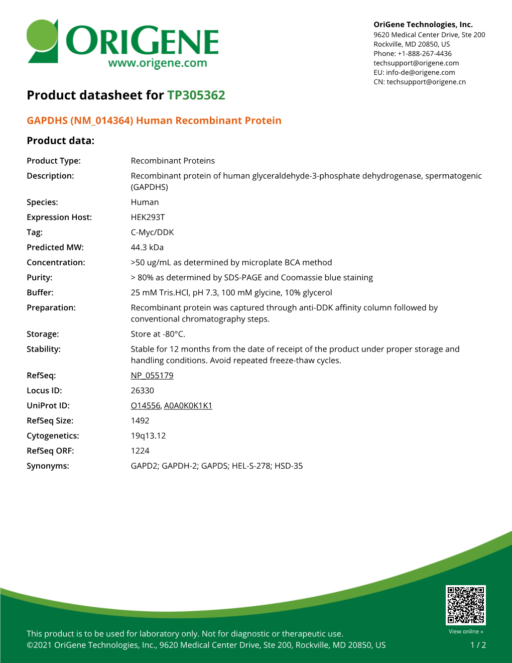 GAPDHS (NM 014364) Human Recombinant Protein Product Data