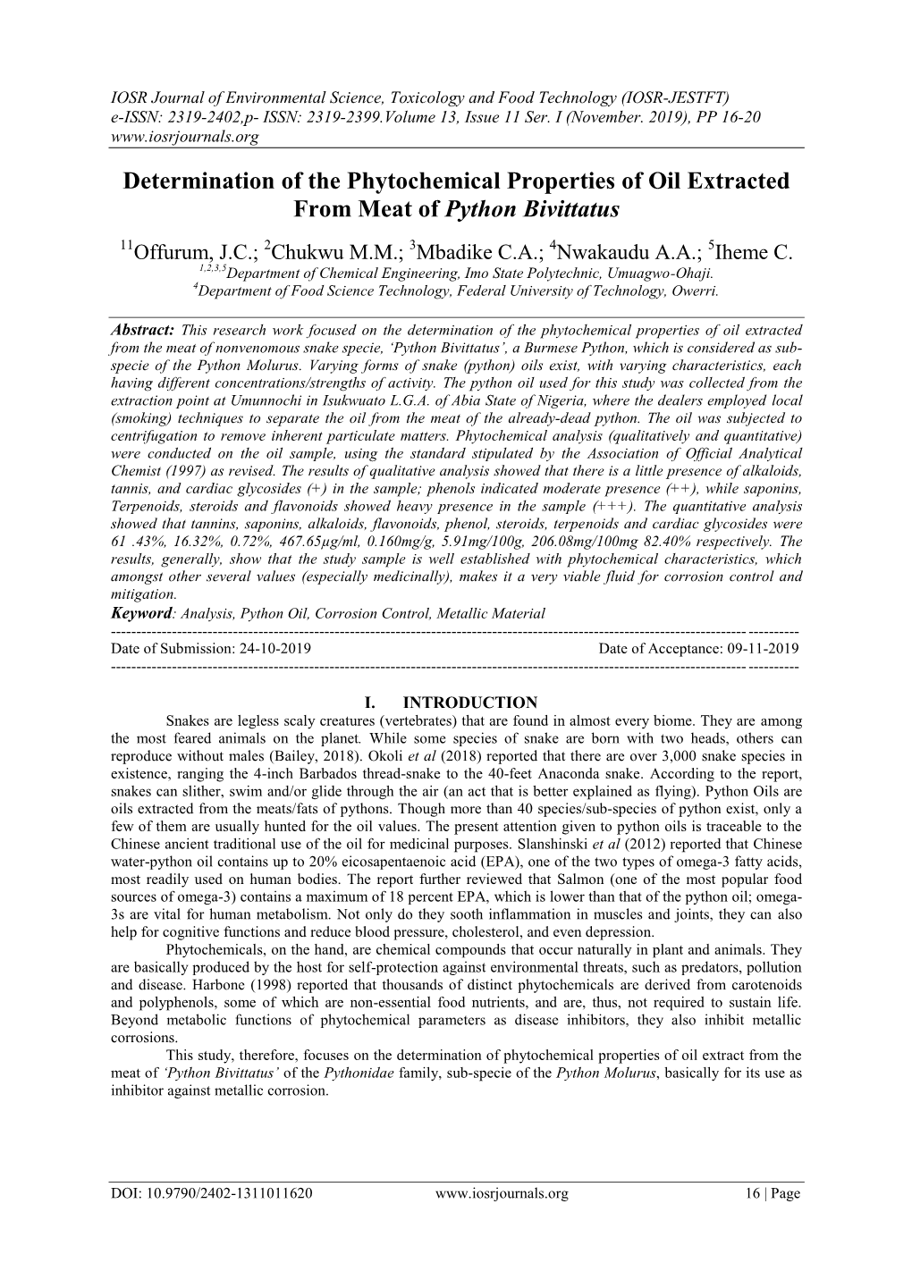 Determination of the Phytochemical Properties of Oil Extracted from Meat of Python Bivittatus