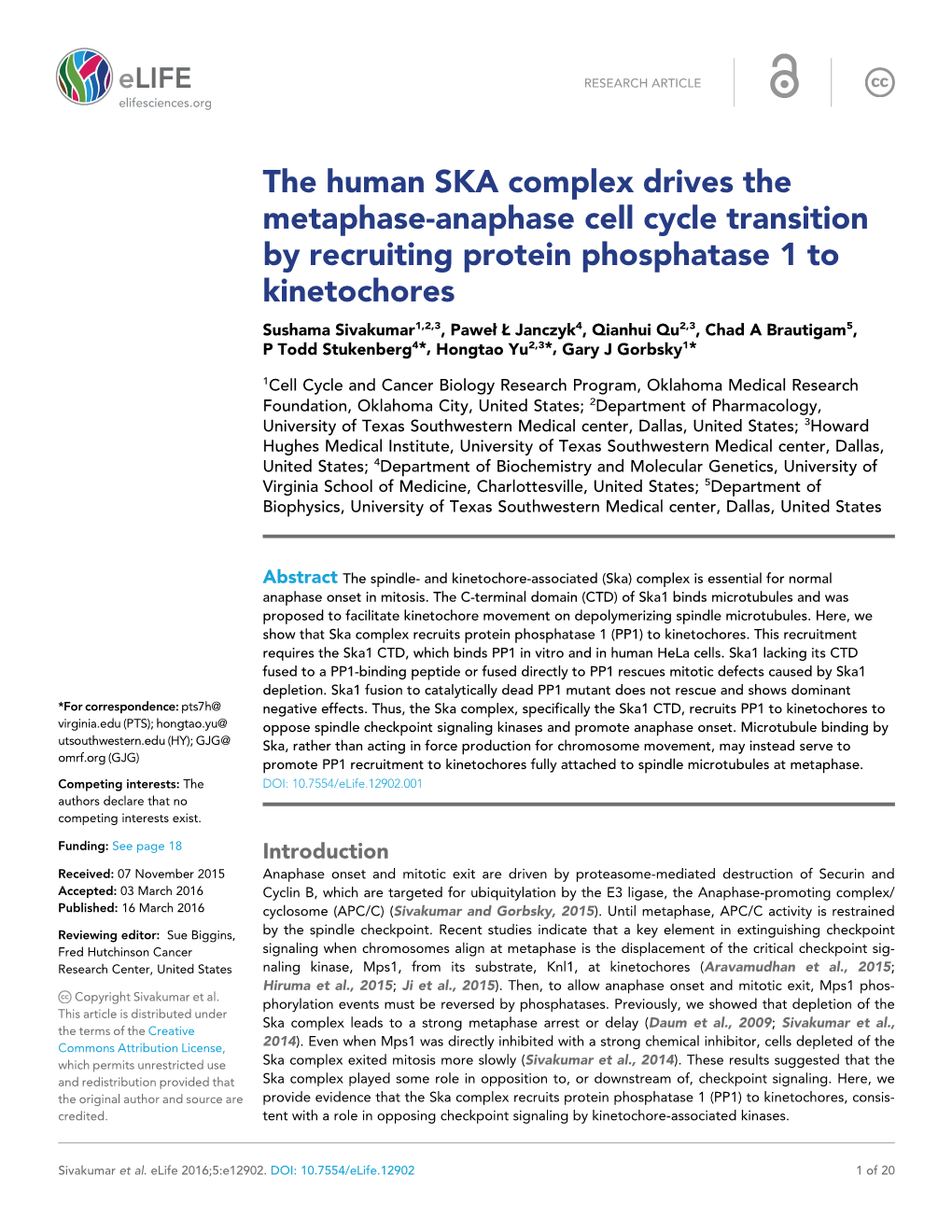 The Human SKA Complex Drives the Metaphase-Anaphase Cell Cycle