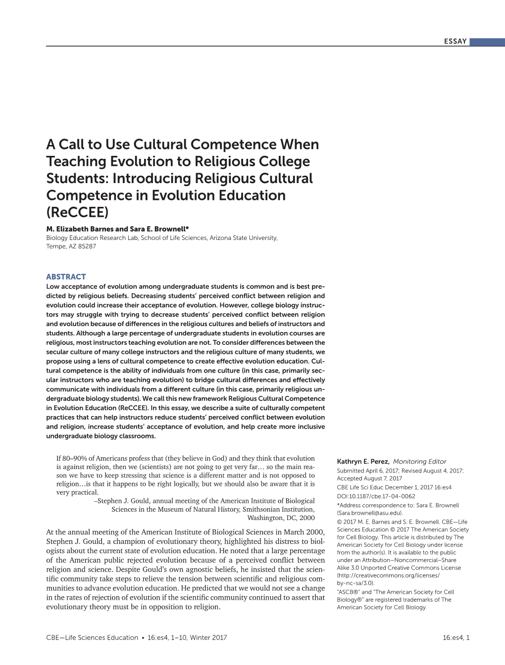 A Call to Use Cultural Competence When Teaching Evolution to Religious College Students: Introducing Religious Cultural Competence in Evolution Education (Reccee) M