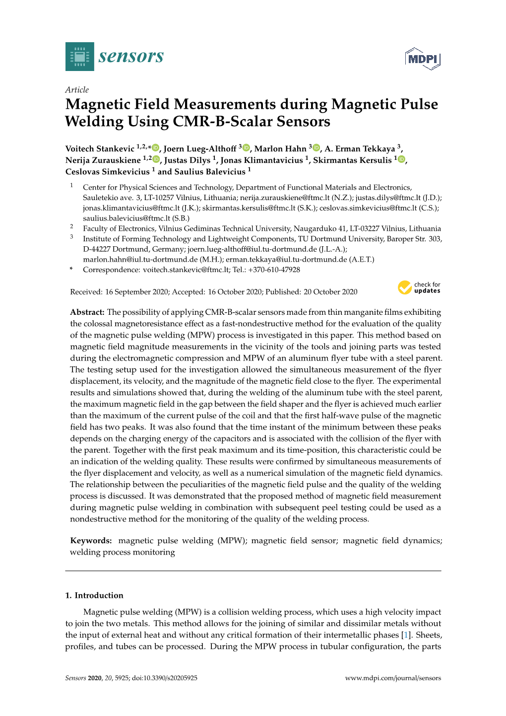 Magnetic Field Measurements During Magnetic Pulse Welding Using CMR-B-Scalar Sensors