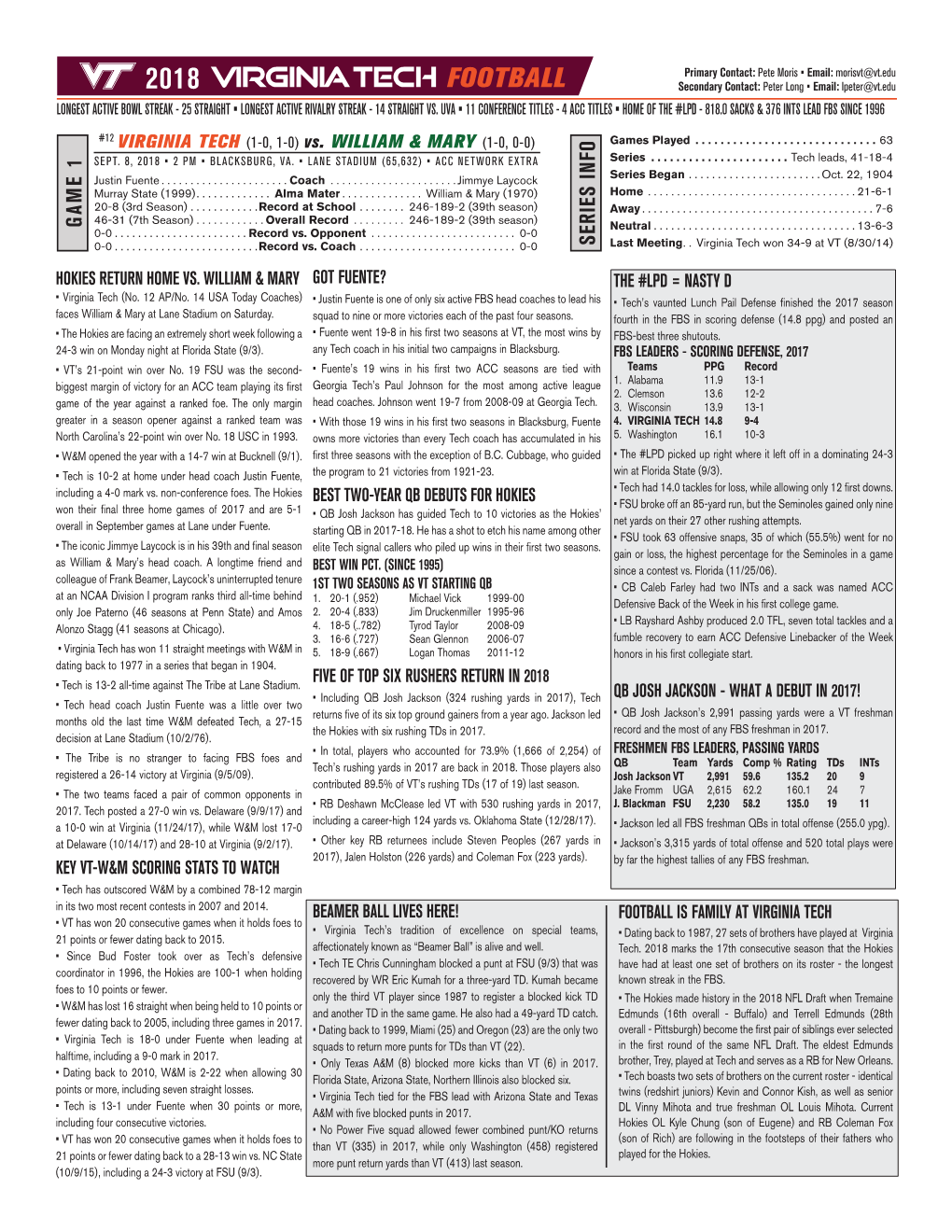 FOOTBALL Secondary Contact: Peter Long • Email: Lpeter@Vt.Edu LONGEST ACTIVE BOWL STREAK - 25 STRAIGHT • LONGEST ACTIVE RIVALRY STREAK - 14 STRAIGHT VS
