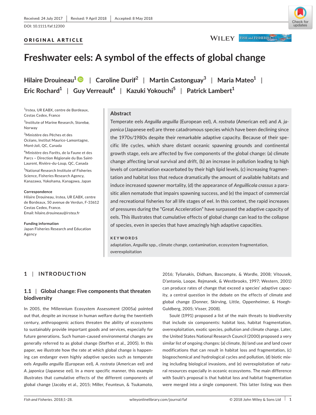 Freshwater Eels: a Symbol of the Effects of Global Change