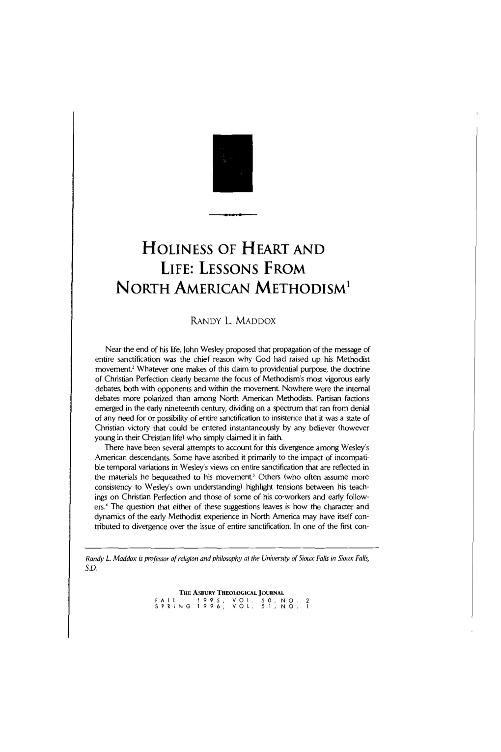 Holiness of Heart and Life: Lessons from North American Methodism1