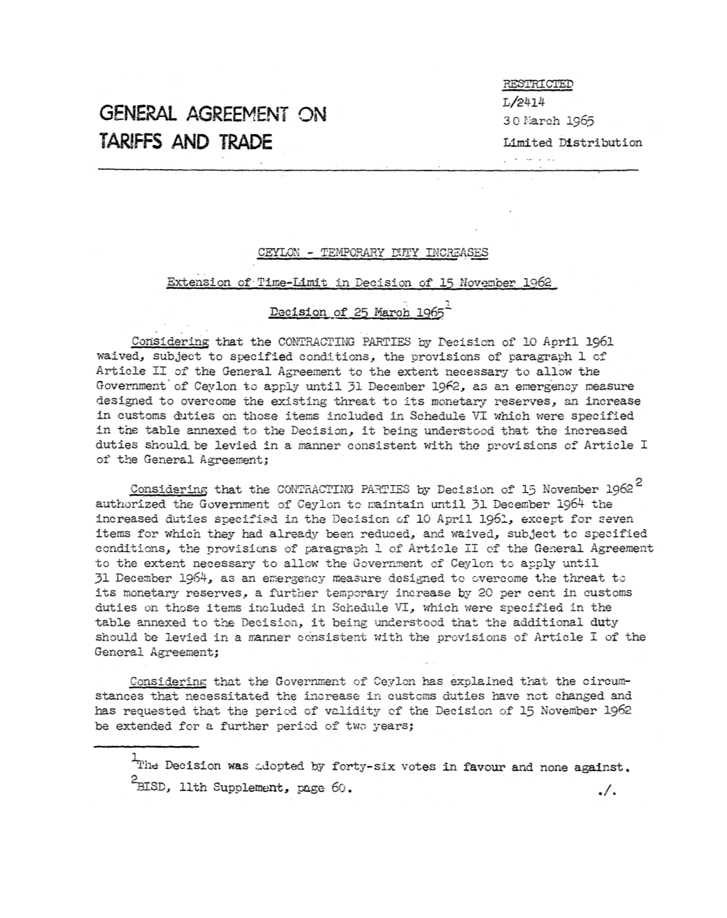 30/March 1964 TARIFFS and TRADE Limited Distribution