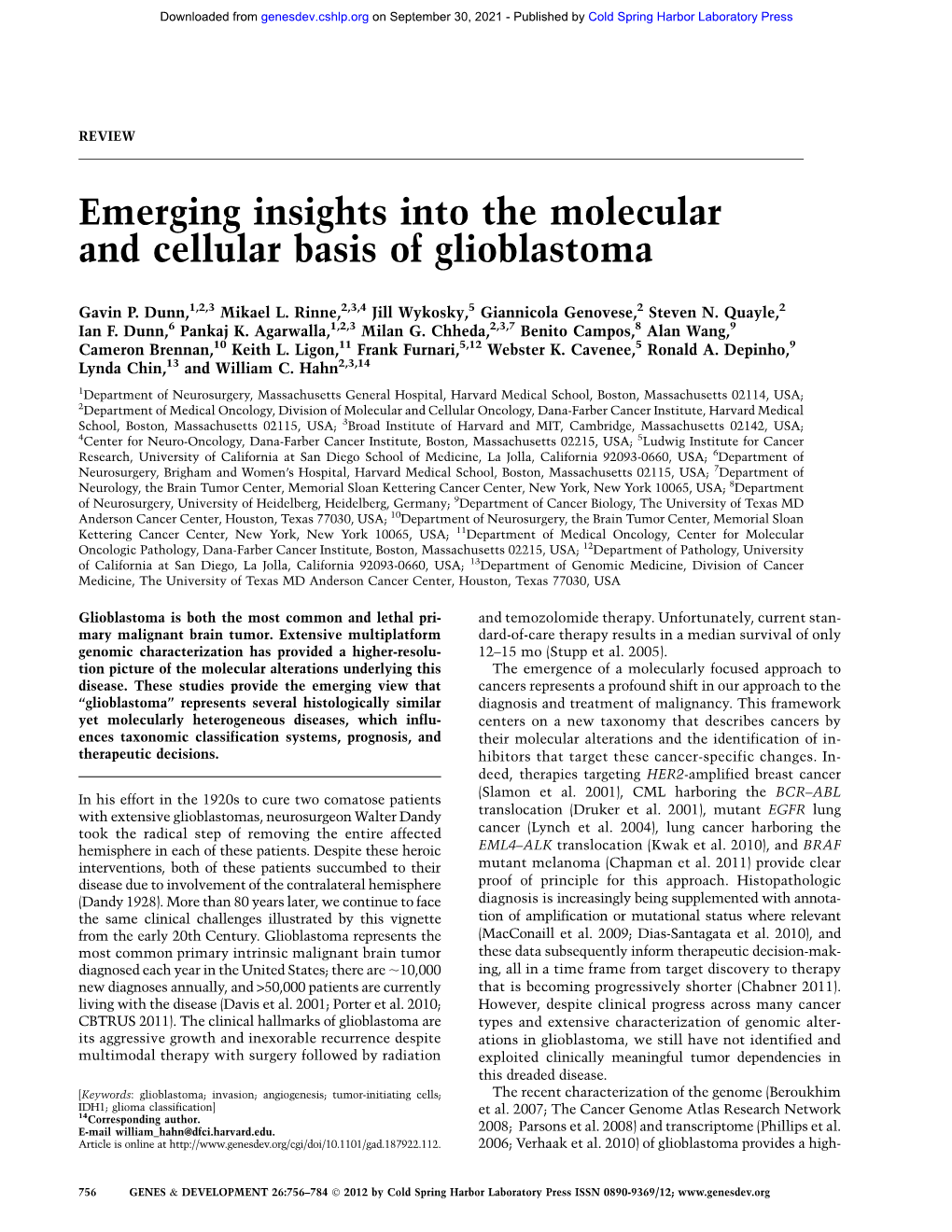 Emerging Insights Into the Molecular and Cellular Basis of Glioblastoma