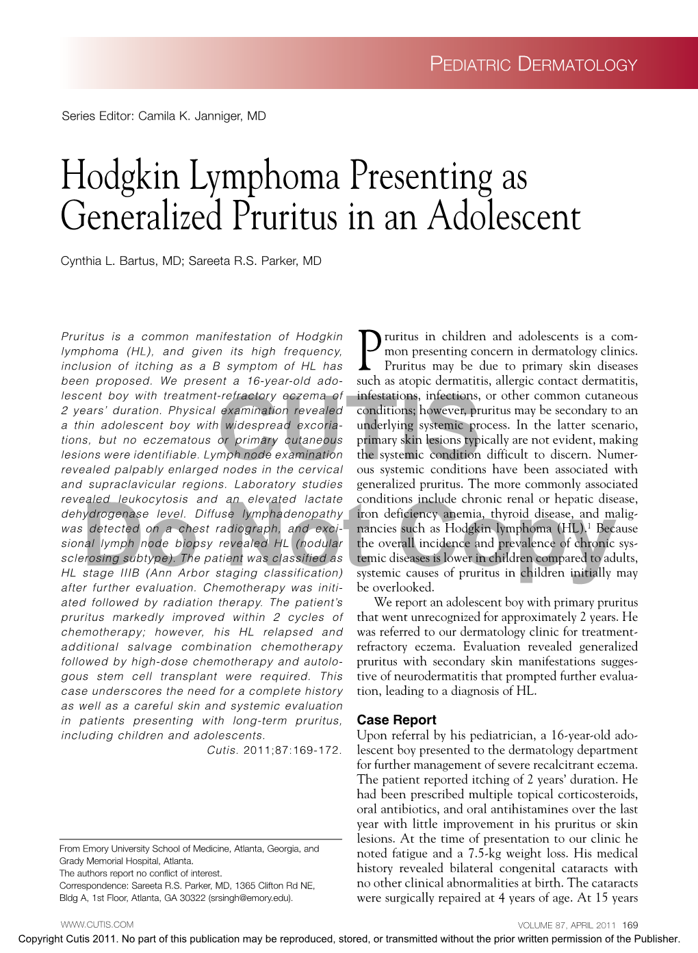 Hodgkin Lymphoma Presenting As Generalized Pruritus in an Adolescent