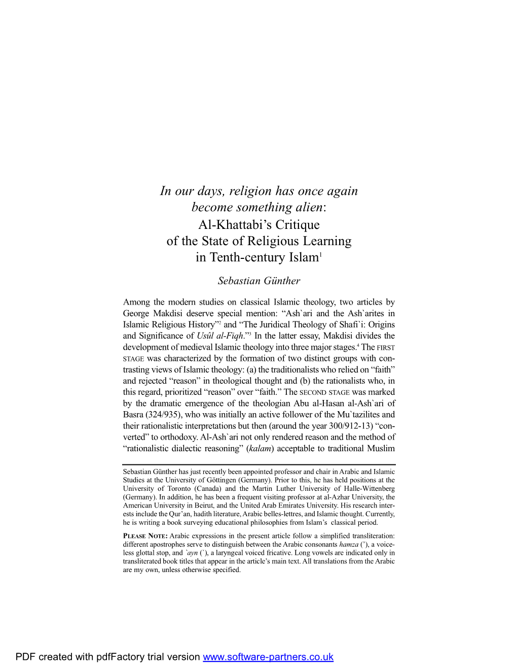 Al-Khattabi's Critique of the State of Religious Learning in Tent