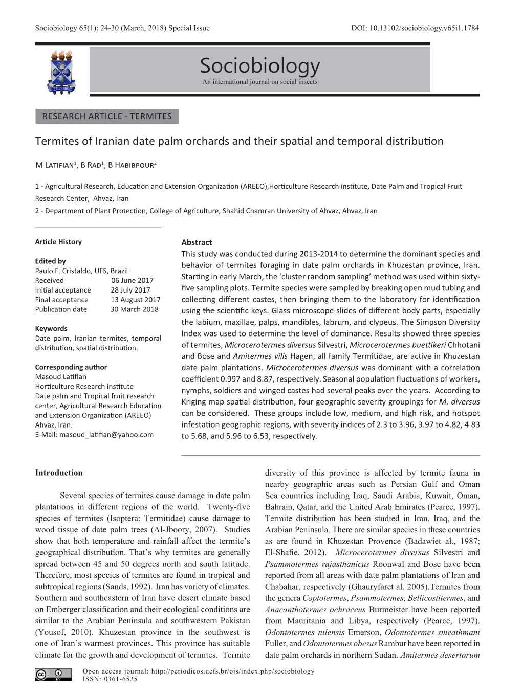 Sociobiology 65(1): 24-30 (March, 2018) Special Issue DOI: 10.13102/Sociobiology.V65i1.1784