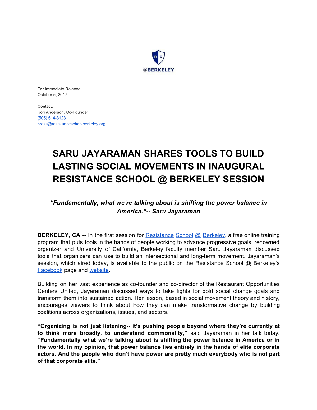 Saru Jayaraman Shares Tools to Build Lasting Social Movements In