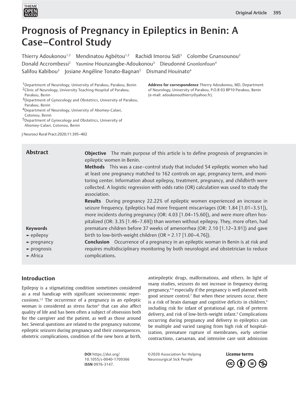 Prognosis of Pregnancy in Epileptics in Benin: a Case–Control Study