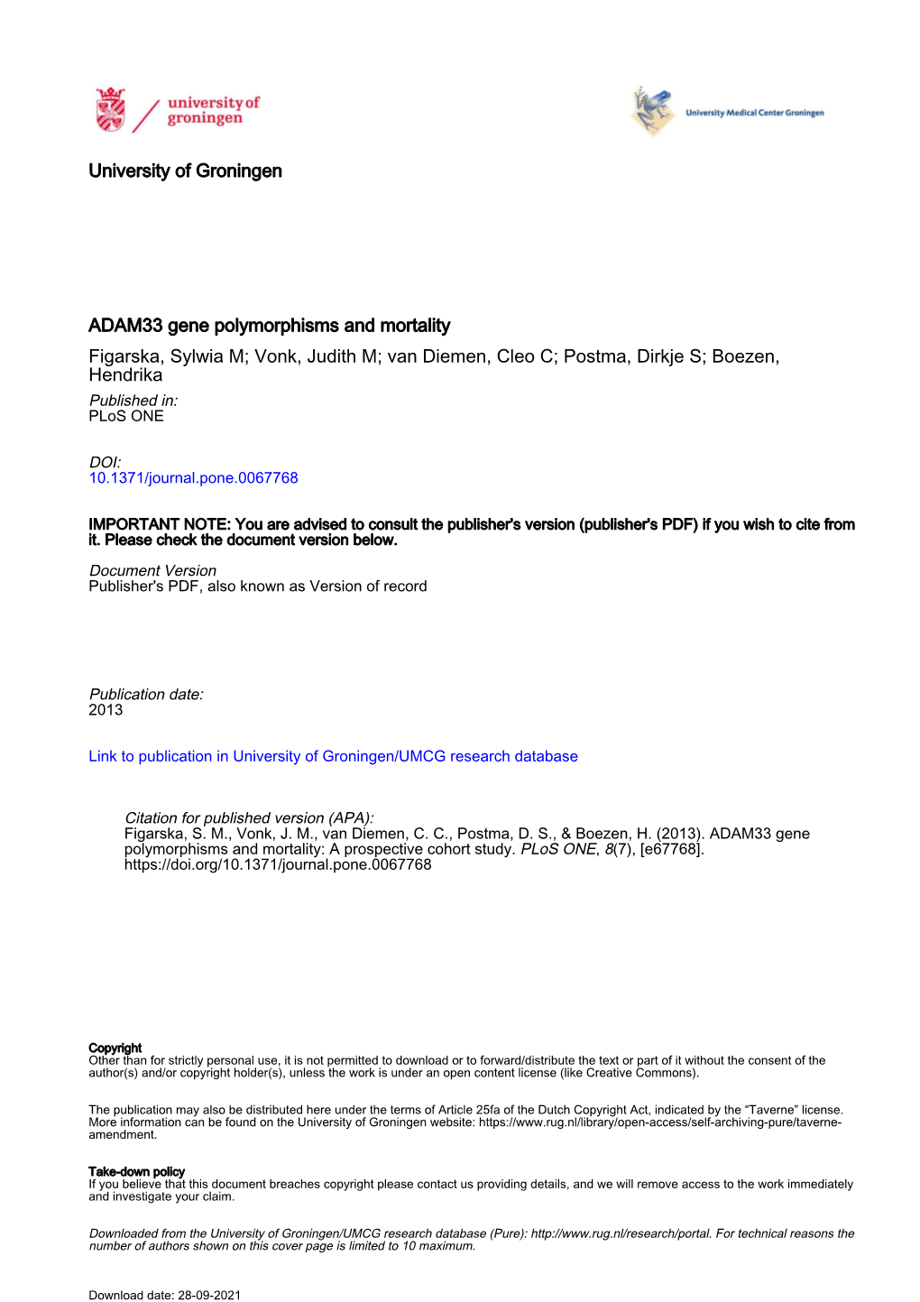 University of Groningen ADAM33 Gene Polymorphisms and Mortality