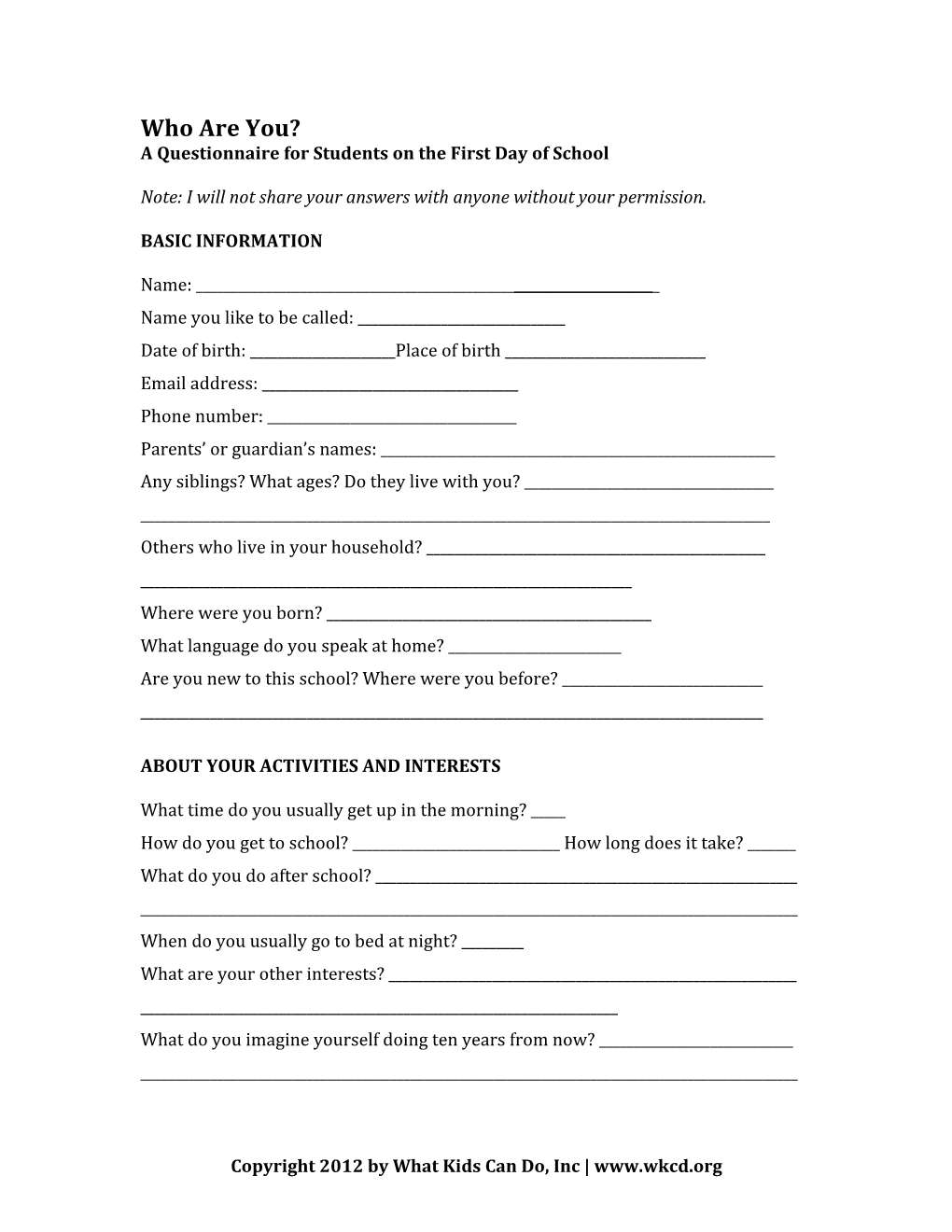 Who Are You? a Questionnaire for Students on the First Day of School