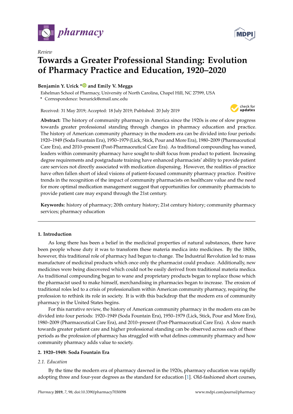 Evolution of Pharmacy Practice and Education, 1920–2020