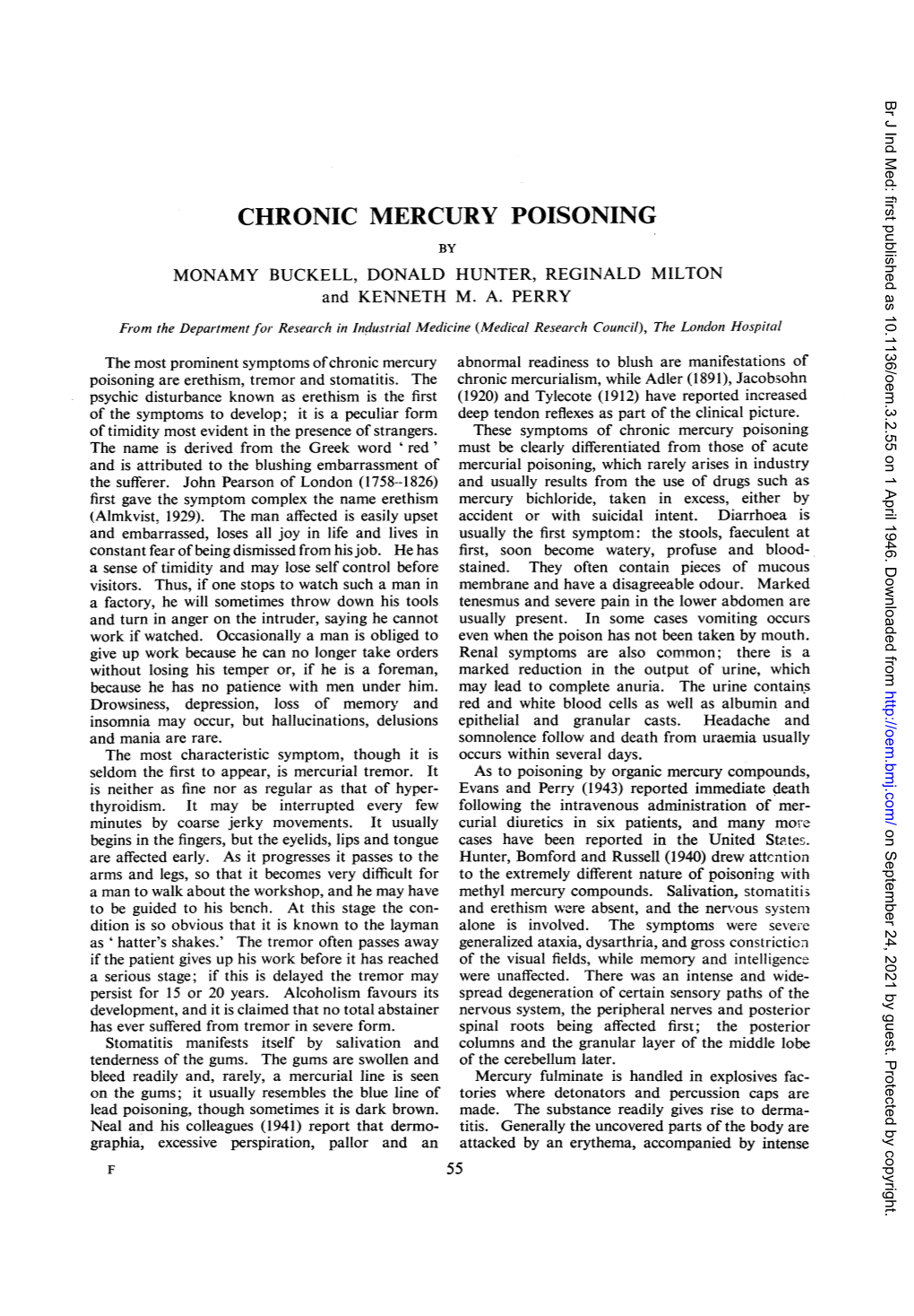 CHRONIC MERCURY POISONING by MONAMY BUCKELL, DONALD HUNTER, REGINALD MILTON and KENNETH M