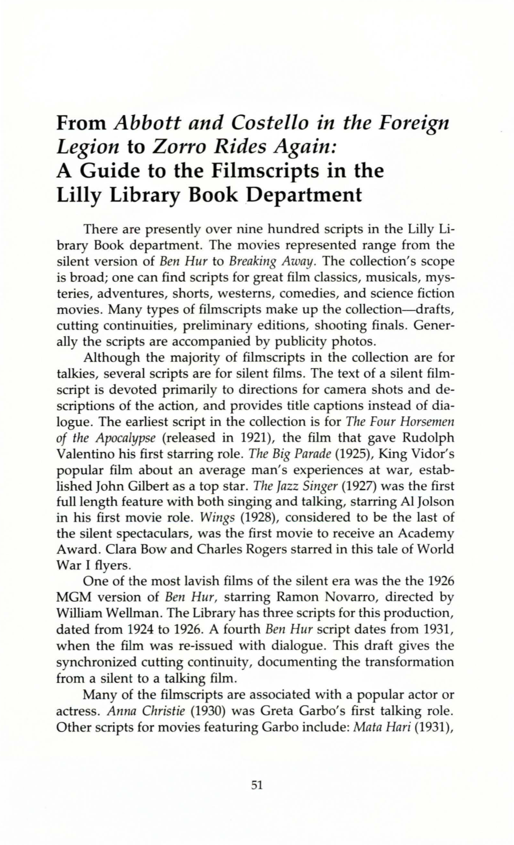 A Guide to the Filmscripts in the Lilly Library Book Department