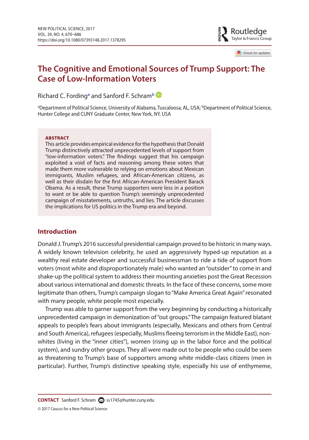 The Cognitive and Emotional Sources of Trump Support: the Case of Low-Information Voters