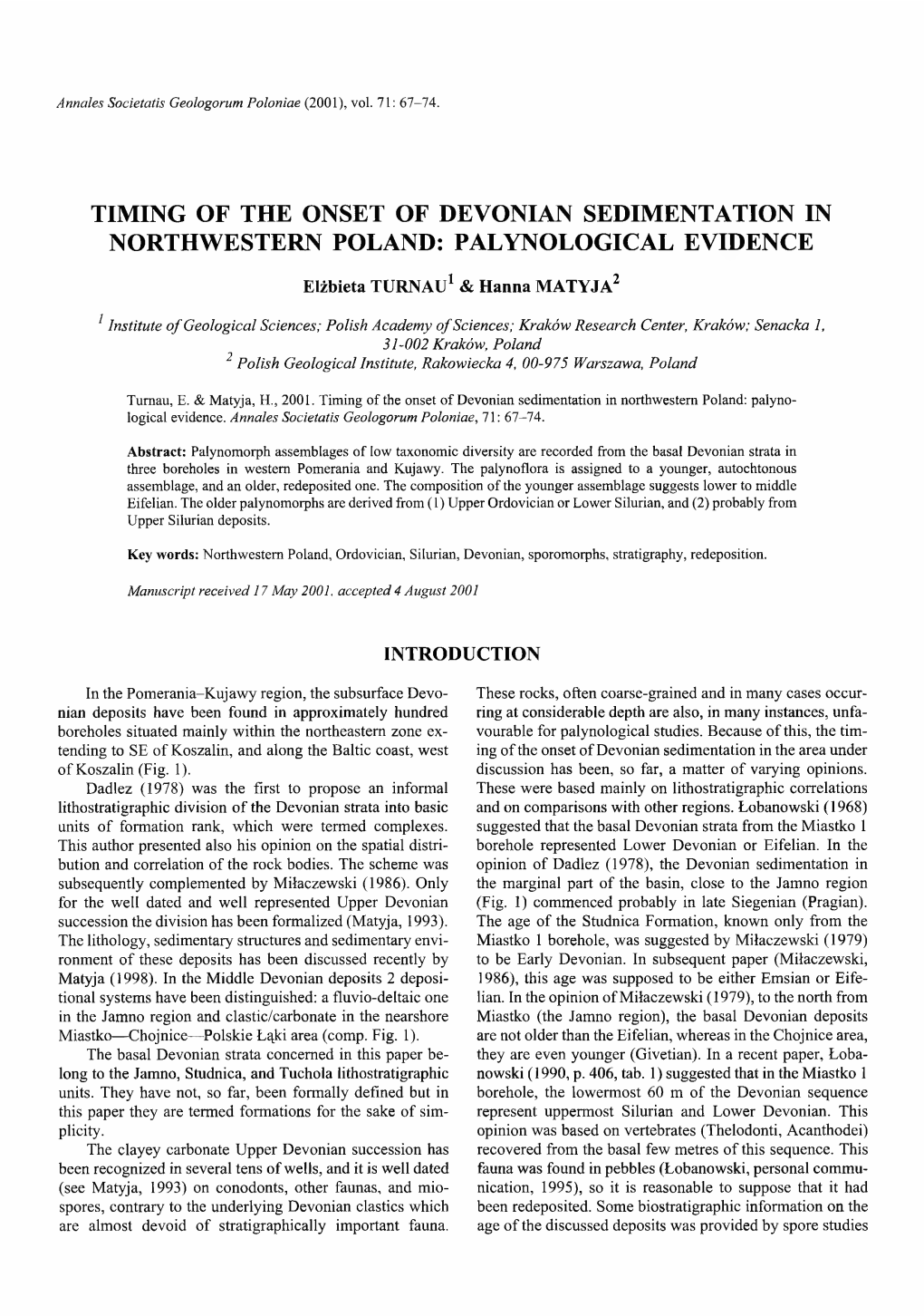 Timing of the Onset of Devonian Sedimentation in Northwestern Poland: Palynological Evidence