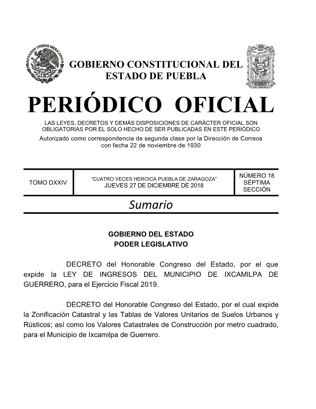 LEY DE INGRESOS DEL MUNICIPIO DE IXCAMILPA DE GUERRERO, Para El Ejercicio Fiscal 2019
